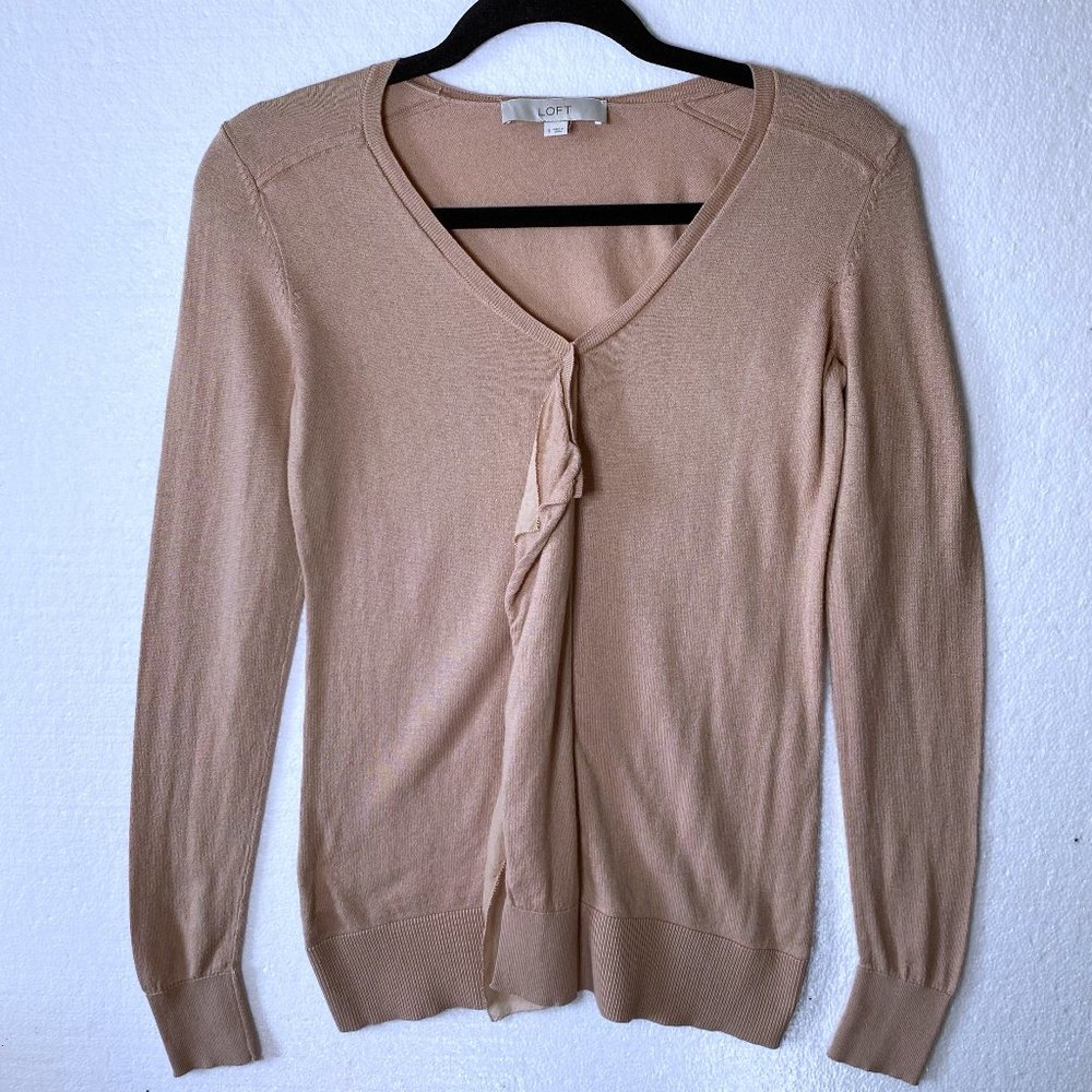 LOFT Women's Size Small Ruffle Pullover Sweater V-Neck Career Tan Wool Blend